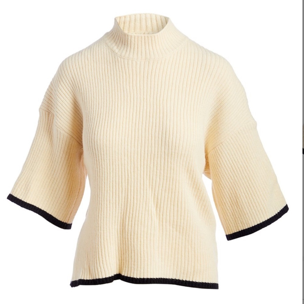 Mock Neck Sweater Quarter Sleeve Ivory Black Ribbed Knit Casual Versatile Layer